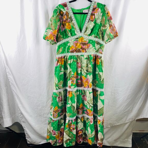 Adelyn Rae‎ Lian Jacquard Printed Midi Dress XL Green Floral Tropical Boho - Picture 3 of 12